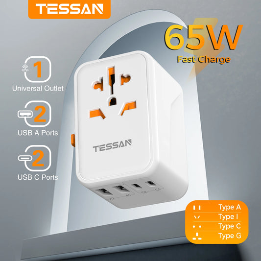 TESSAN 65W GaN Travel Adapter Universal Socket with 2 USB & 2 Type